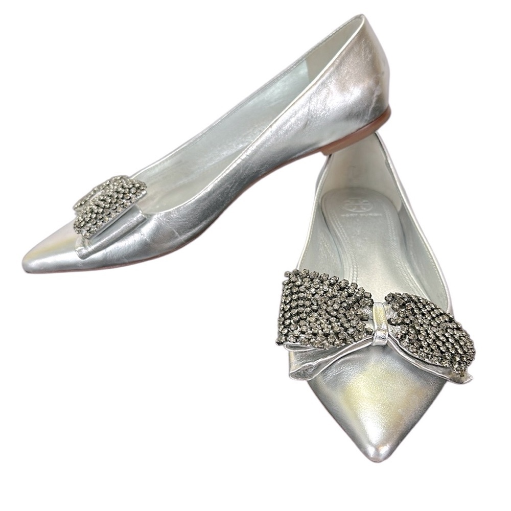 Tory Burch Rosalind Silver Leather Flats 7.5 Rhinestones Bling Bows